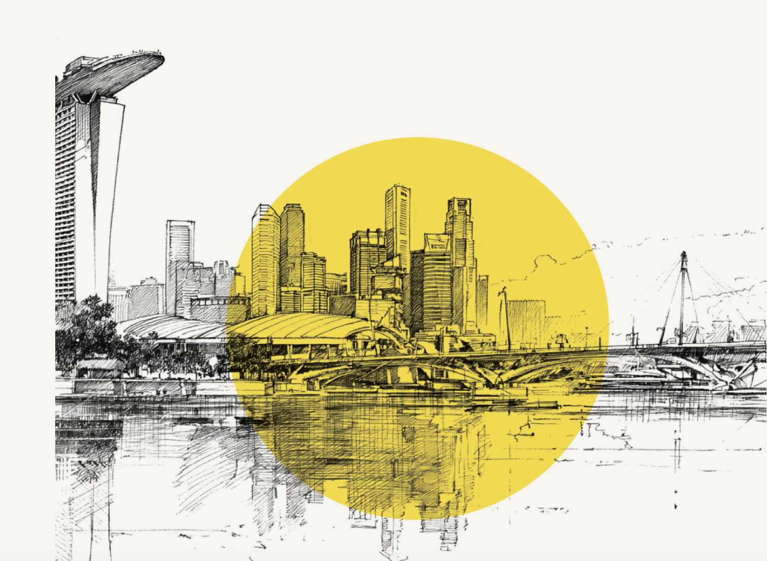 A pen and ink drawing of the Singapore waterfront skyline with a yellow sun disc, the identity artwork for The Art of Citymaking